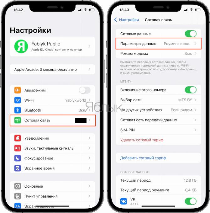 Настройки Сотовых данных на iPhone