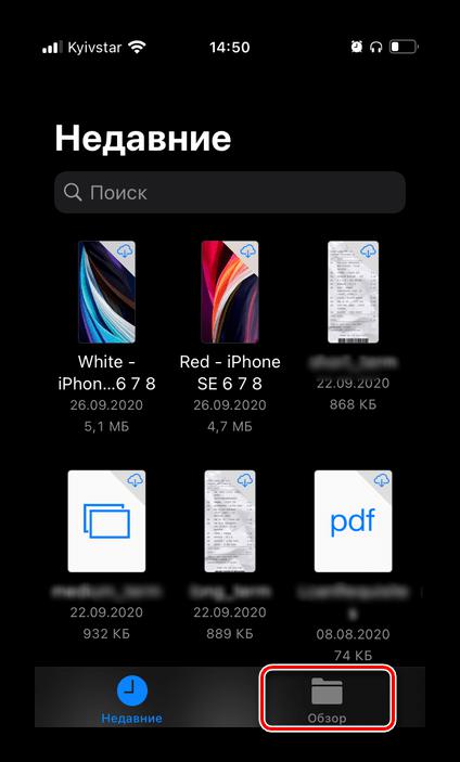 Перейти на вкладку Обзор в приложении Файлы на iPhone