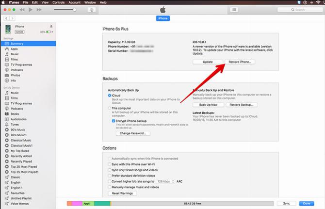 восстановить iphone с помощью itunes