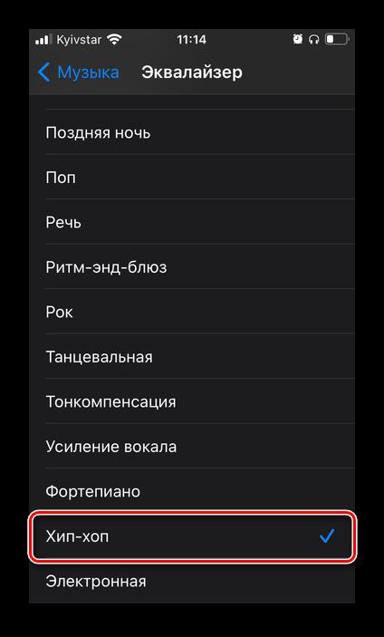 Выбор подходящего пресета Эквалайзера в настройках приложения Музыка на iPhone