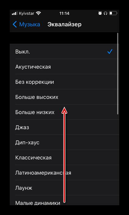 Выбор пресета Эквалайзера в настройках приложения Музыка на iPhone