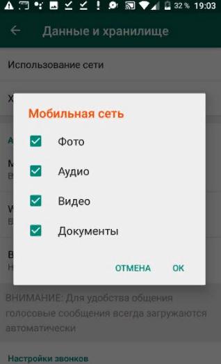 Настройки автозагрузки в WhatsApp