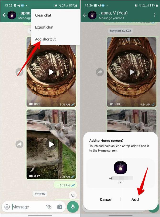 Добавление чата WhatsApp на домашний экран