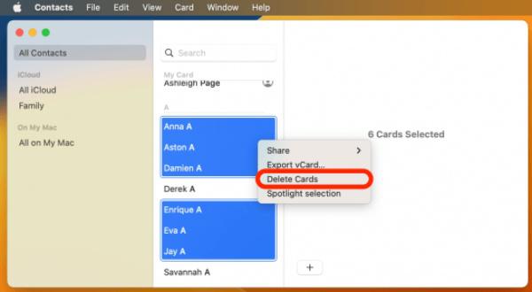 Удалить несколько контактов Mac