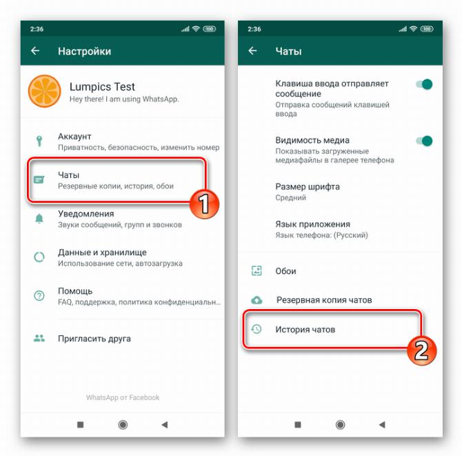 WhatsApp для Android Чаты - История чатов в настройках мессенджера