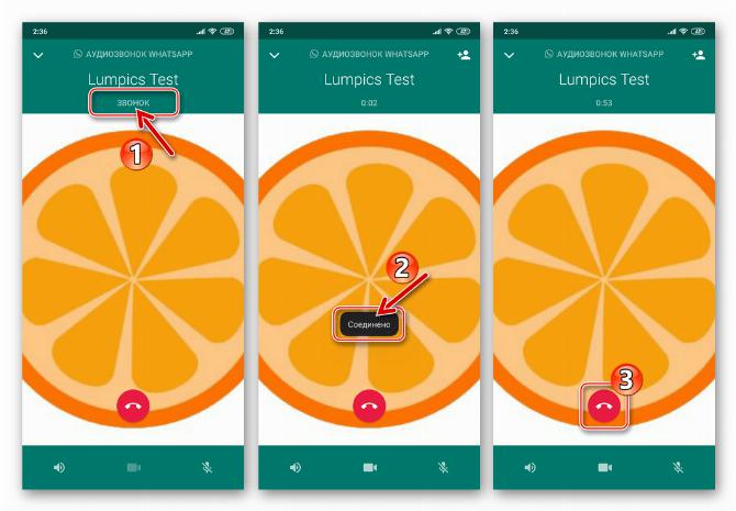 WhatsApp для Android процесс аудиозвонка, инициированного из чата в мессенджере