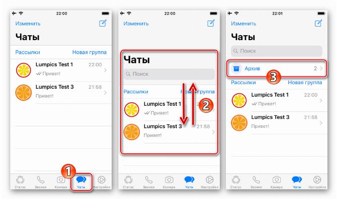 WhatsApp для iOS как открыть список чатов Архив в мессенджере