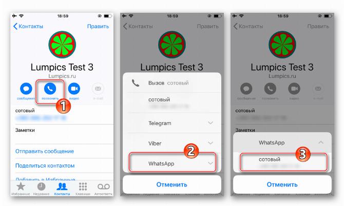 WhatsApp для iPhone аудиозвонок через мессенджер из Контактов iOS