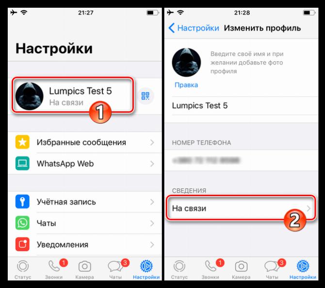 WhatsApp для iPhone - Настройки мессенджера - переход к редактированию своего текстового статуса в сервисе