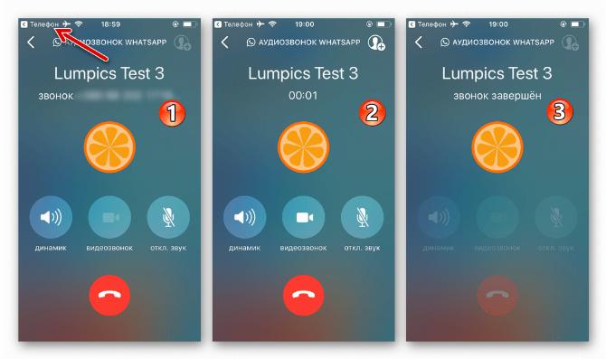 WhatsApp для iPhone процесс аудиозвонка через мессенджере, инициированного из Контактов iOS