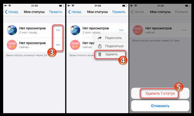 WhatsApp для iPhone - удаление графического статуса из мессенджера до истечения 24-х часов его существования