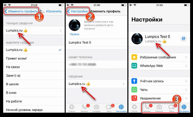 WhatsApp для iPhone - Выход из настроек мессенджера после выбора или ввода и установки своего текстового статуса в сервисе